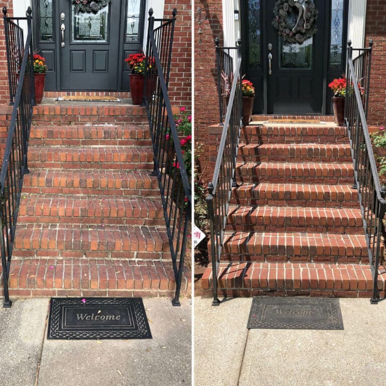 front stairs comparison before and after soft washing service in lawrenceville ga